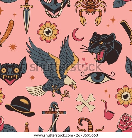 Vintage Flash Tattoo Seamless Pattern Illustration