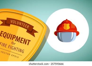 Vintage Flat Colored vector illustration firefighter Emblem or volunteer. Shield emblem with ribbon. Equipment, tools for fire. Icon cover, mask, helmet, helm