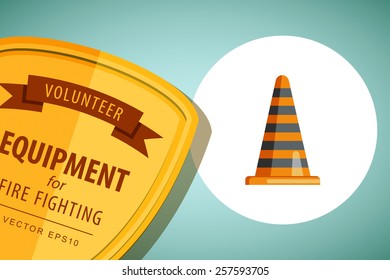 Vintage Flat Colored vector illustration firefighter Emblem or volunteer. Shield emblem with ribbon. Equipment, tools for fire. Icon cone, taper, road, traffic