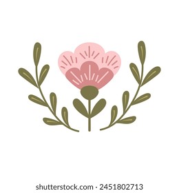 Vintage flat fantasy flower in retro folk style isolated on white background. Flat botanical illustration in pastel colors and boho style. Ideal for home decor, printout, decoration