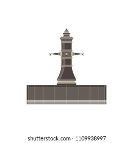 Vintage flat icon tiered fountain isolated on white background. Decor element for design landscape of square or park. Vector cartoon illustration.