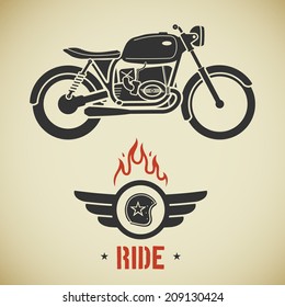 Vintage flat looking motorcycle and emblem with helmet, wings and flame