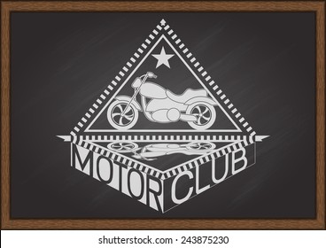 Vintage flat looking motorcycle and inside triangle frame with shadow and typography MOTOR CLUB on chalkboard.