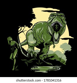 A vintage flat vector illustration of a roaring Tyrannosaurus Rex chasing a female figure through a dark jungle. Featuring a dramatic glowing moon and a teal and black high-contrast color palette, this aggressive prehistoric scene is perfect for horror, action-adventure, and gaming-themed designs.