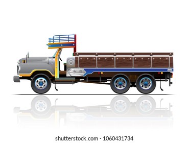 vintage flatbed lorry truck long head style, thai truck, side view vector illustration, isolated on white background.