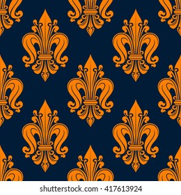 Vintage fleur-de-lis pattern with seamless orange floral compositions of french heraldic lilies adorned by swirls and tendrils over navy blue background. Great for wallpaper or interior textile design