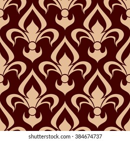 Vintage fleur-de-lis seamless pattern of bold beige floral ornament with bulb shaped buds and curved leaves on brown background. Medieval interior, fabric and embellishment design  