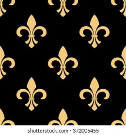 Vintage fleur-de-lis seamless pattern with yellow flowers on black background. Interior or fabric design usage