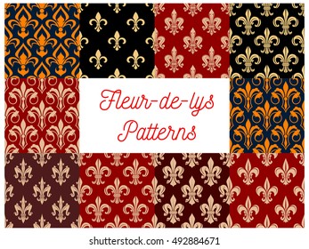 Vintage fleur-de-lis seamless patterns with set of floral ornaments with french royal lily flowers and leaf scroll. Wallpaper and interior accessories design