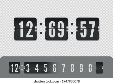 Vintage flip clock time counter vector template. Flip countdown number with shadows isolated on transparent background. Vector illustration template. Scoreboard number font.