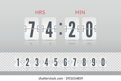 Vintage flip clock time counter vector template. Retro design score board clock template. White scoreboard countdown number font with reflections isolated on light background.
