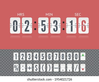 Vintage flip clock time counter vector template. Scoreboard number and symbol font with reflections on red. White floating analog airport board countdown timer with hour and minute flip