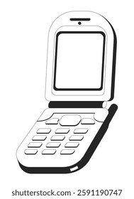 Vintage flip phone with blank screen black and white 2D line object. Mobile technology y2k. 90s and 2000s nostalgia cellphone isolated clip art vector outline item. Monochromatic spot illustration