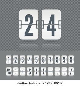 Vintage floating symbols for time meter vector template. Flip numbers and symbols font for information web page or time counter. White analog countdown number font.