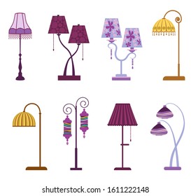 Vintage floor lamps isolated on white background. Decorative elements collection of torcheres for your interior design. Vector set