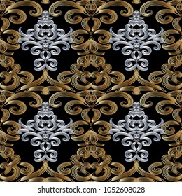Vintage floral 3d seamless pattern. Vector black background with gold silver hand drawn striped flowers, swirls, curves, leaves, line art tracery damask ornament. Surface design. For wallpaper, fabric