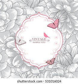 Vintage floral abstract hand drawn frame with flowers dahlias, butterflies and birds.