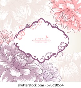 Vintage floral abstract hand drawn frame with flowers dahlias and birds.