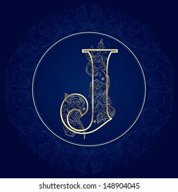 Vintage floral alphabet, letter J. Vector illustration  