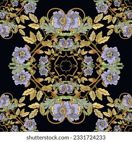 Vintage floral antique style seamless pattern with flowers, oak leaves, acorns, golden ropes. Damask vector background. Repeat modern backdrop. Luxury hand drawn colorful ornaments. Endless texture.