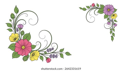 Vintage Floral Arrangement with Colorful Blossoms and Delicate Leaves Creating a Charming Design