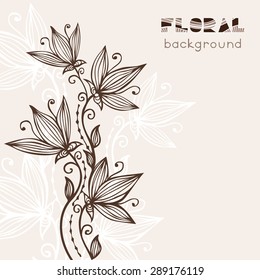 Vintage floral background with abstract flowers. Composition with hand drawn flowers, white silhouettes and vintage brown and powder colors. Template for card or invitation. Vector file is EPS8.