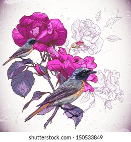 Vintage floral background with birds