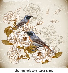 Vintage floral background with birds