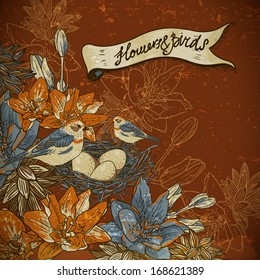 Vintage floral background with birds 