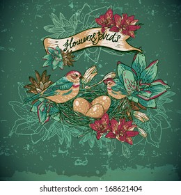 Vintage floral background with birds 