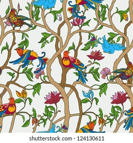 Vintage floral background, birds and flowers, fashion seamless pattern, colorful vector wallpaper, vintage, rich, graphic wrapping, leaf, trees ornament, oldest style swatch fabric, artistic decor