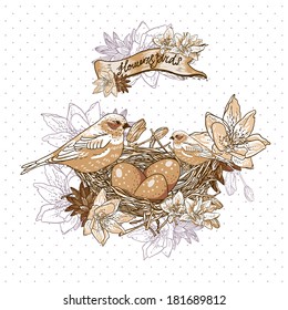 Vintage floral background with birds and nest Happy Easter background