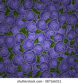 Vintage floral background. Can be use as digital paper, fills or print off onto fabric. Seamless pattern with stylized violet roses and green leaves.