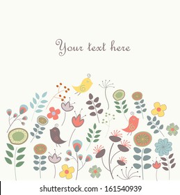 Vintage floral background with cute flowers and birds in cartoon style