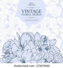 Vintage floral background design. Vector botanical illustration. Template card invitation banner with sketch linear flowers