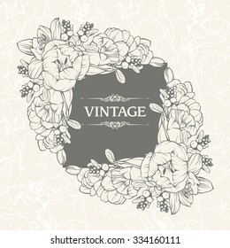 Vintage floral background design. Vector illustration. Template greeting card, wedding invitation, banner, poster, packaging with spring flowers. Linear flowers frame