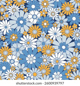Vintage floral background. Fabric and surface pattern design with simple flowers. Hippie style vector seamless pattern. Nostalgic retro 70s groovy allover print.