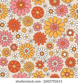 Vintage floral background. Fabric and surface pattern design with simple flowers. Hippie style vector seamless pattern. Nostalgic retro 70s groovy allover print.