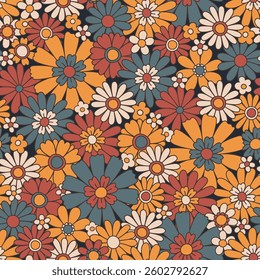 Vintage floral background. Fabric and surface pattern design with simple flowers. Hippie style vector seamless pattern. Nostalgic retro 70s groovy allover print.