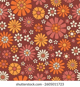 Vintage floral background. Fabric and surface pattern design with simple flowers. Hippie style vector seamless pattern. Nostalgic retro 70s groovy allover print.