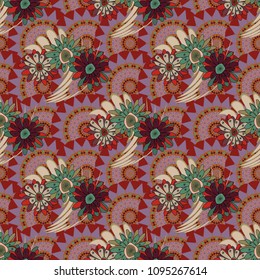 Vintage floral background. Flowers pattern with small green, violet and red flowers. Ditsy style. Seamless vector pattern for design and fashion prints.