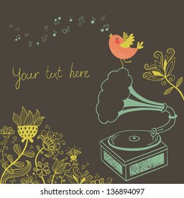 Vintage floral background with gramophone for your card design