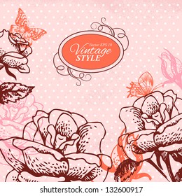 Vintage floral background. Hand drawn illustration of roses and butterflies