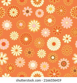 Vintage floral background. Hippie style vector seamless pattern. Nostalgic retro 70s groovy print. Textile and surface design in old fashioned colors