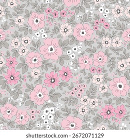 Fondo floral de Antiguas. Modelo floral de la libertad con las Pequeñas flores blancas, rosadas y corales en un fondo gris. Patrón sin fisuras para el diseño y estampados de moda. Estilo sucio. Ilustración vectorial de stock.