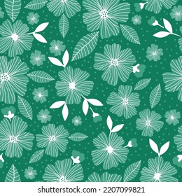 Vintage floral background with light green flowers,white leaves. green background. Seamless pattern for design and fashion prints.Stock vector illustration.
