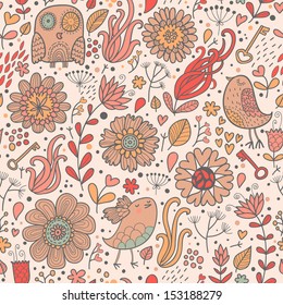 Vintage floral background with owl, flowers, keys, hearts and leafs. Seamless pattern can be used for wallpapers, pattern fills, web page backgrounds, surface textures.
