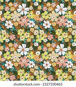 Vintage floral background. Floral pattern with natural colors flowers on a blue background. Seamless pattern for design and fashion prints. Mosaic style, composition of tile pieces, terrazzo.  