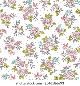 Vintage floral background. Floral pattern with pink and blue flowers on a white background. Seamless pattern for design and fashion prints. Ditsy style. Stock vector illustration.