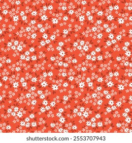 Vintage floral background. Floral pattern with pink and white flowers on a terracotta orange background. Seamless pattern for design and fashion prints. Ditsy style. Stock vector illustration.